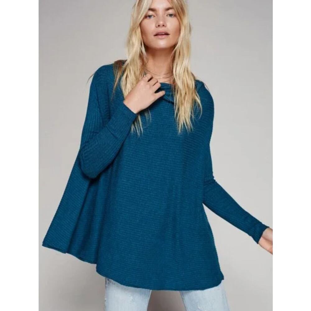 Free People Sweater Womens Small Lover Rib Thermal Teal Long Sleeve We The